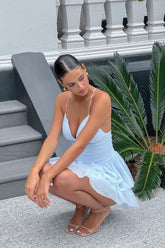 Nightingale Ruched Mesh Mini Dress Baby Blue